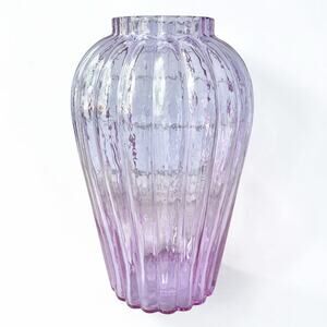 1970s Vintage Large Heavy Ribbed Italian Iridescent Purple Violet Vase 13 1/2”
